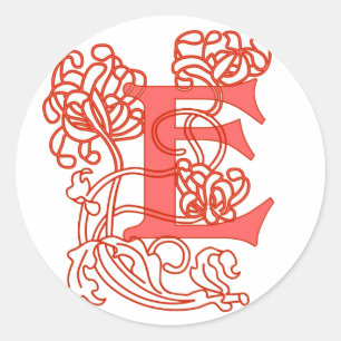 Art nouveau Blommigt "E" Monogram Runt Klistermärke