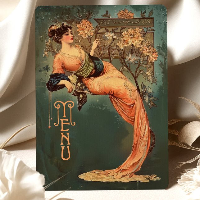Art nouveau Blommigt Goddes Menu Card Teal Peach Inbjudningar (Skapare uppladdad)