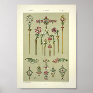 Art nouveau blommigt hårpins Victorian gemstones Poster