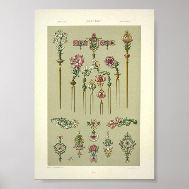 Art nouveau blommigt hårpins Victorian gemstones Poster (Framsidan)