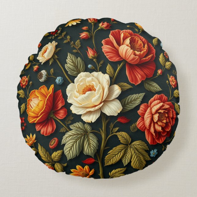 Art nouveau Blommigt - Levande liv i fullt-blomman Rund Kudde (Framsidan)