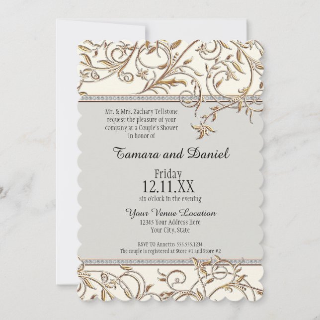 Art nouveau Blommigt Löv Swirl Jewel w Guld look Inbjudningar (Framsida)