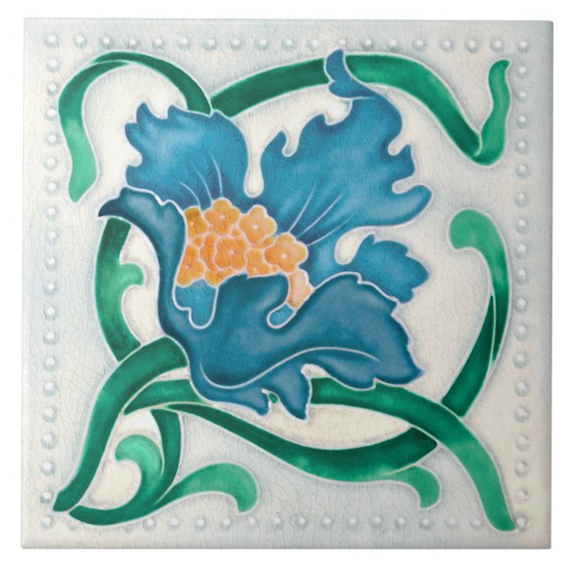 Art nouveau Blommigt Majolica Faux Relief Kakelplatta (Framsidan)