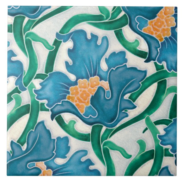 Art nouveau Blommigt Majolica Mönster Kakelplatta (Framsidan)