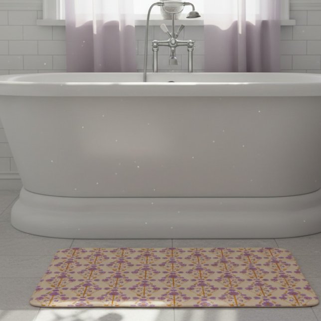 Art nouveau Blommigt Pastel Lila Cream Badrumsmatta (A bathroom glow-up that starts with the floor. Soft pastel colors & hand drawn pattern.)