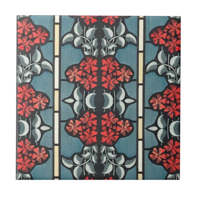 Art nouveau Blommigt Red Blue Ceramic Tile Kakelplatta (Framsidan)
