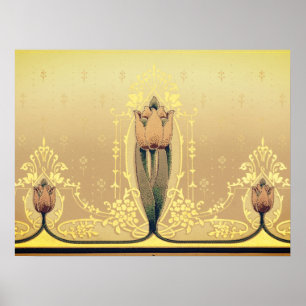 Art nouveau blommigt, tulpanrör rosa och guld eleg poster