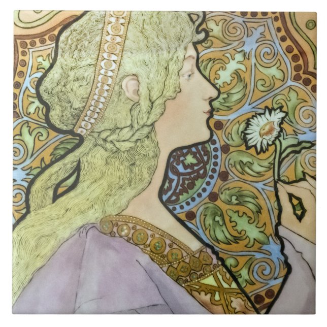 Art nouveau Blommigt Woman Mucha Fransk Grönt Dais Kakelplatta (Framsidan)