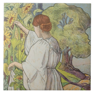 Art nouveau Blommigt Woman Mucha Fransk Grönt Dais Kakelplatta