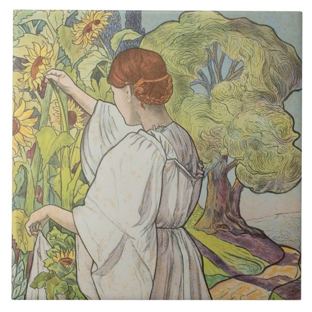 Art nouveau Blommigt Woman Mucha Fransk Grönt Dais Kakelplatta (Framsidan)