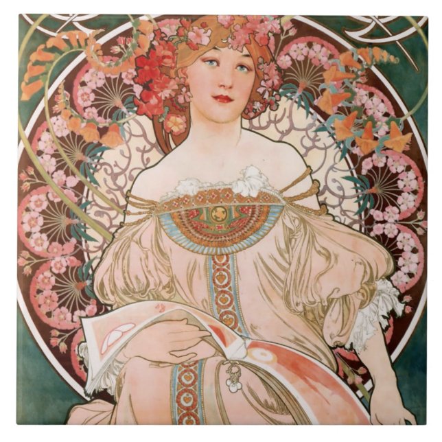 Art nouveau Blommigt Woman Mucha Fransk Grönt  Kakelplatta (Framsidan)