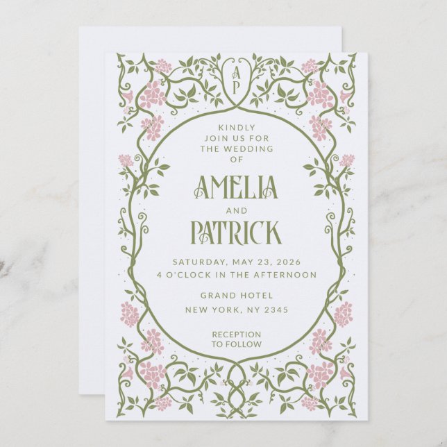 Art nouveau Blommigtens Grönt och Rosa Bröllop Inbjudningar (Fram/baksida)