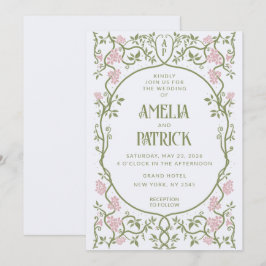 Art nouveau Blommigtens Grönt och Rosa Bröllop Inbjudningar