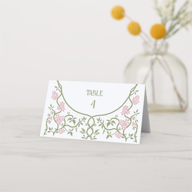 Art nouveau Blommigtens Grönt och Rosa Bröllop Placeringskort (Framsida)