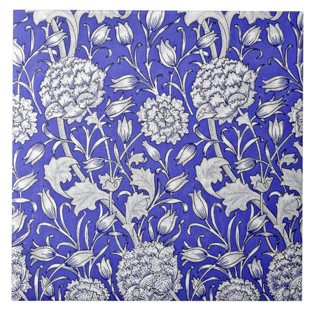 Art nouveau Blommönster, Indigo och White Kakelplatta (Framsidan)