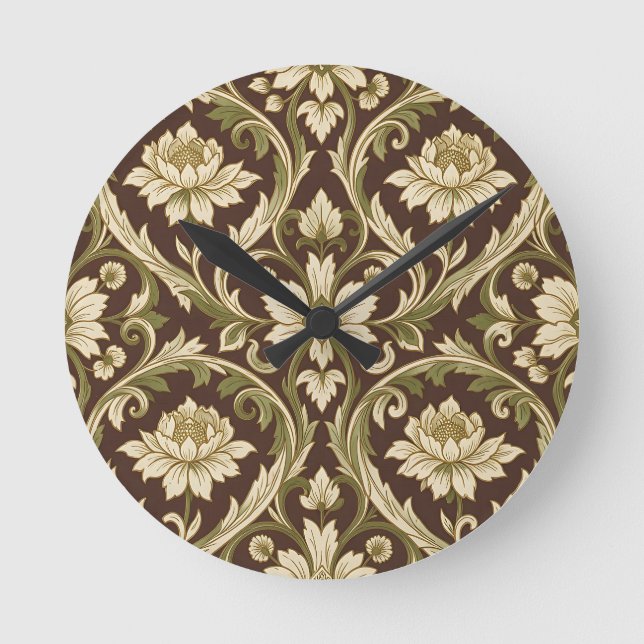 Art Nouveau Blommönster Krämgrön Scroll Rund Klocka (Framsida)