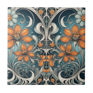 Art Nouveau blomster mönster turkos orange Kakelplatta
