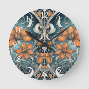 Art Nouveau blomster mönster turkos orange Rund Klocka