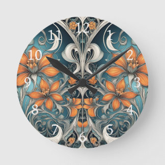 Art Nouveau blomster mönster turkos orange Rund Klocka