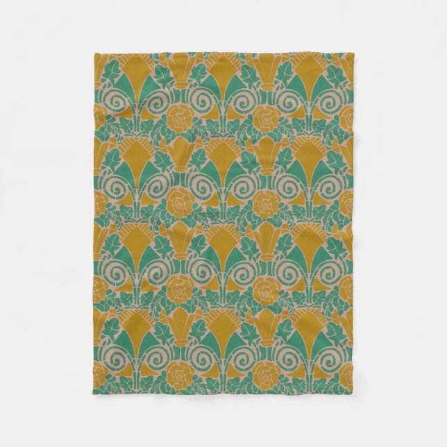 Art Nouveau blomster- tealgrön senapsgul Fleecefilt (Framsidan)