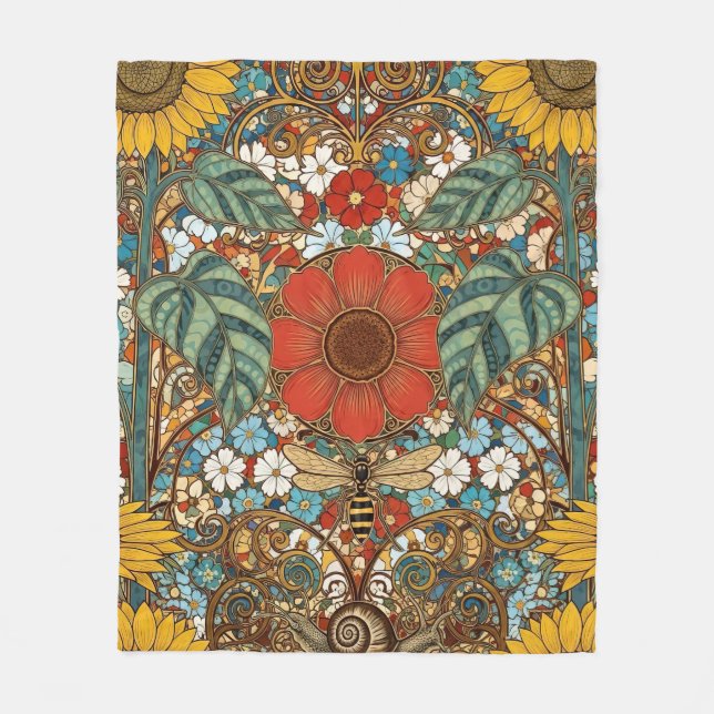 Art Nouveau Blomsterträdgård – Solrosor, Bina Fleecefilt (Framsidan)