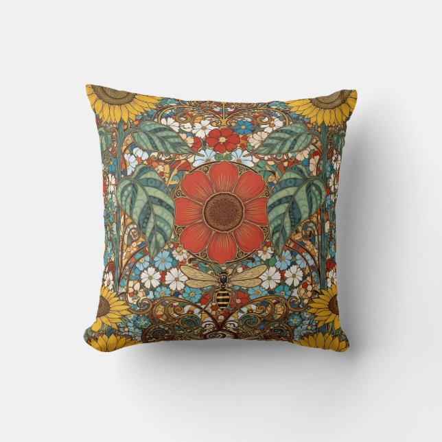Art Nouveau Blomsterträdgård – Solrosor, Bina Kudde (Framsida)