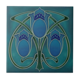 Art nouveau Blue Grönt Tulip Trio Repro c1900 Kakelplatta