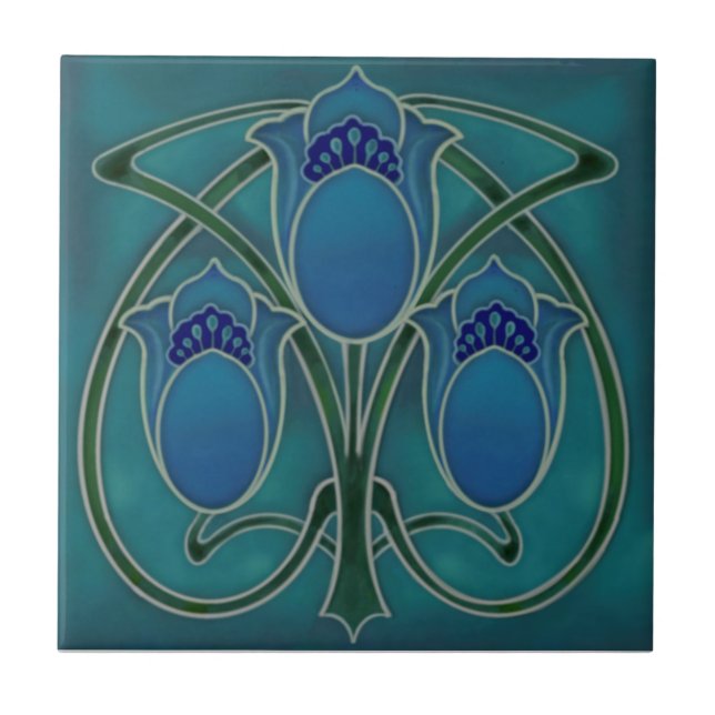 Art nouveau Blue Grönt Tulip Trio Repro c1900  Kakelplatta (Framsidan)