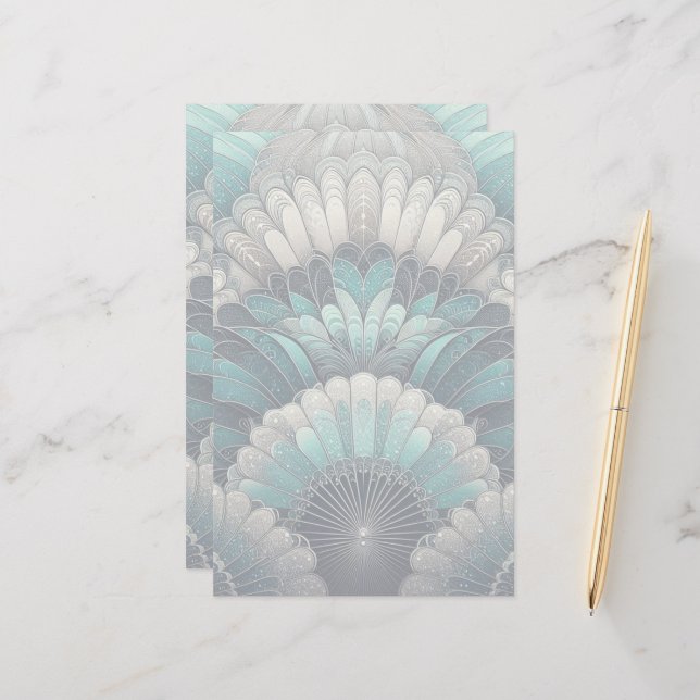 Art nouveau Blue och Silver Fläkt Brevpapper (Fram/Back In Situ)