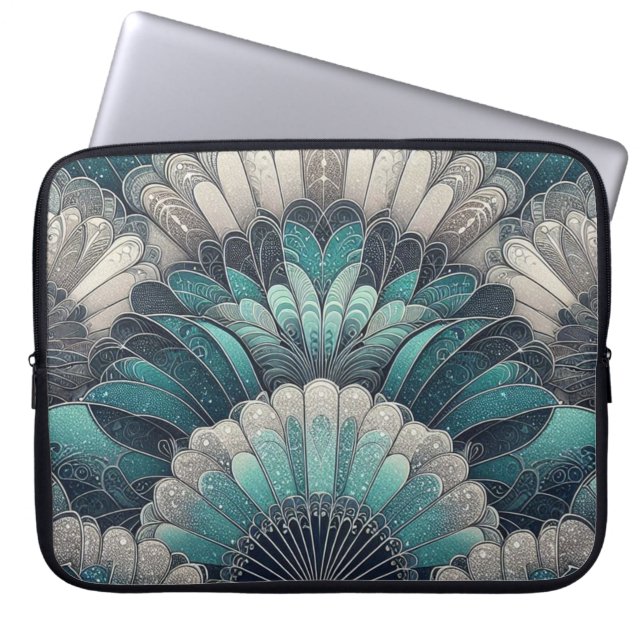 Art nouveau Blue och Silver Fläkt Laptop Fodral (Framsidan)