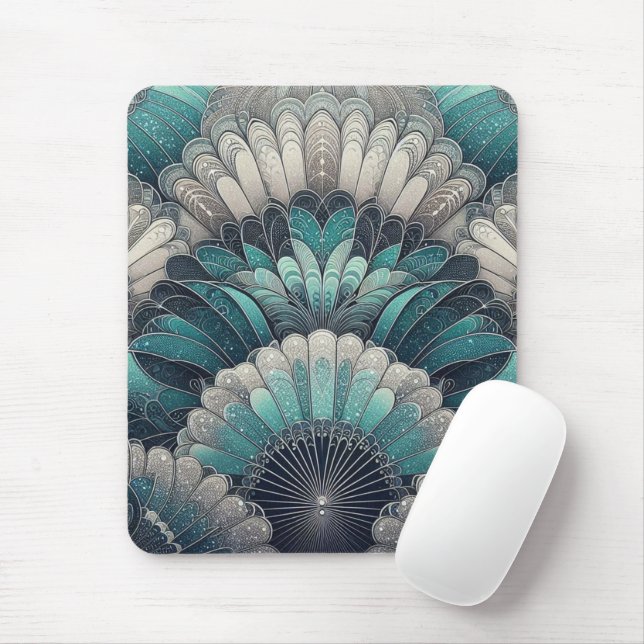 Art nouveau Blue och Silver Fläkt Musmatta (Med mus)