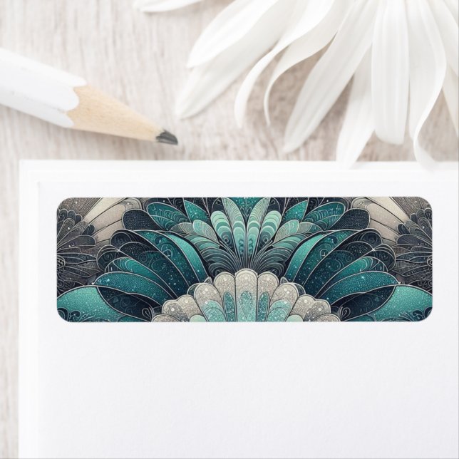 Art nouveau Blue och Silver Fläkt Returadress Etikett (Insitu)
