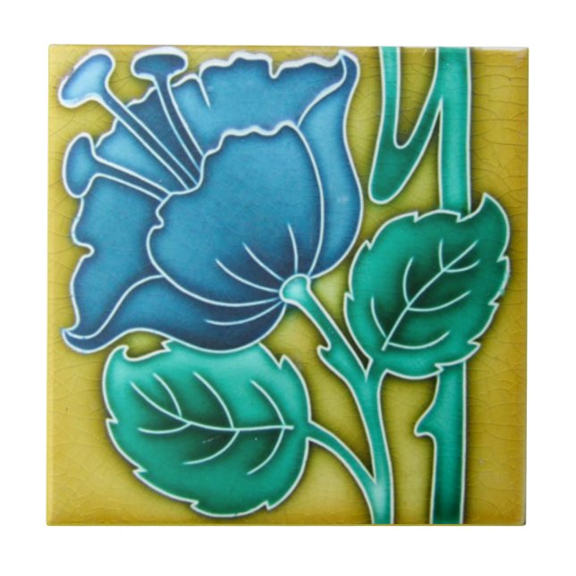 Art nouveau Blue Poppy Ceramic Tile Kakelplatta (Framsidan)