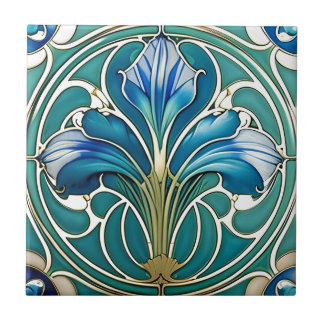 Art nouveau Blue Stylized Lily 2 Kakelplatta