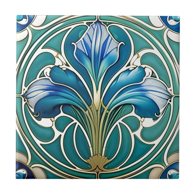 Art nouveau Blue Stylized Lily 2 Kakelplatta (Framsidan)