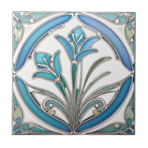 Art nouveau Blue Stylized Lily Kakelplatta