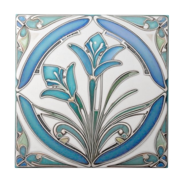 Art nouveau Blue Stylized Lily Kakelplatta (Framsidan)