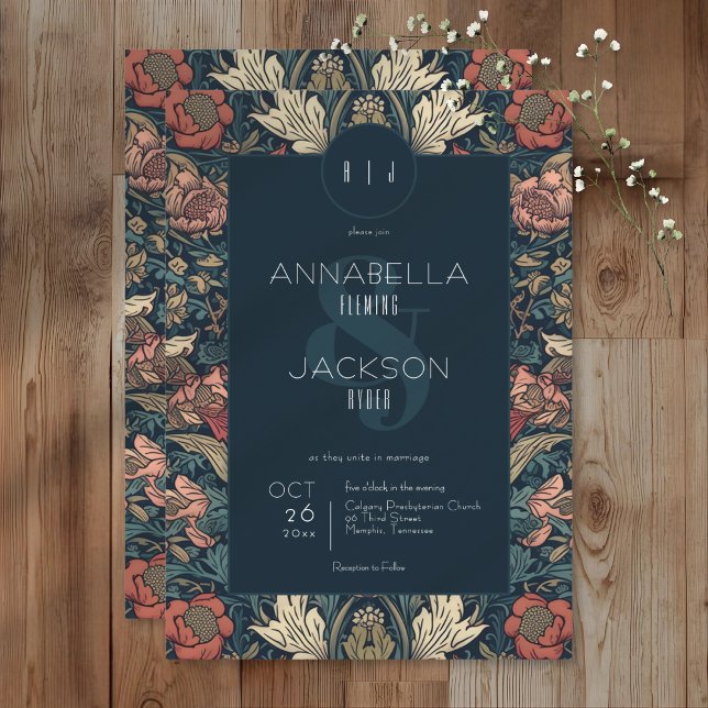Art Nouveau Blue William Morris Floral Wedding Inbjudningar (Art Nouveau Blue William Morris Floral Wedding Invitation)