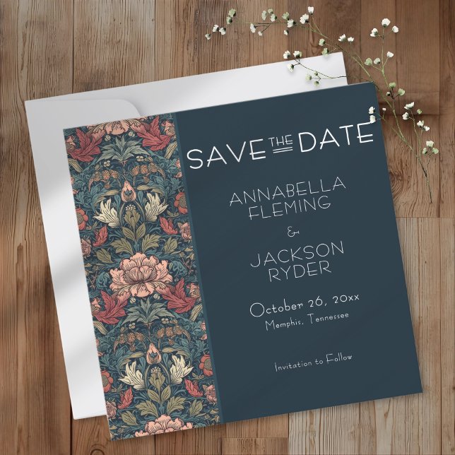 Art Nouveau Blue William Morris Floral Wedding Spara Datumet (Skapare uppladdad)