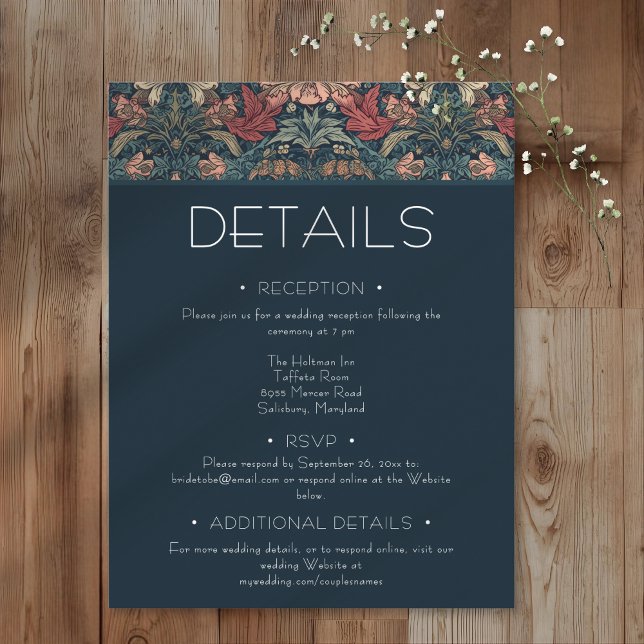 Art Nouveau Blue William Morris Floral Wedding Tilläggskort (Art Nouveau Blue William Morris Floral Wedding Enclosure Card)