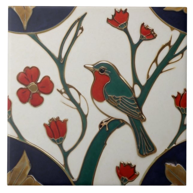 Art nouveau Bluebird Red & Blue Bird Art Deco Kakelplatta (Framsidan)