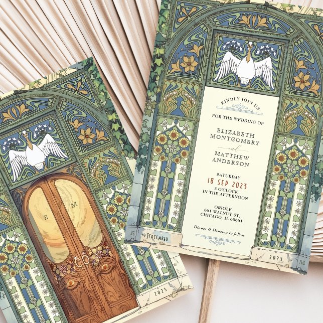 Art nouveau Bröllop Blue, Guld, Grönt Arch Inbjudningar (Skapare uppladdad)