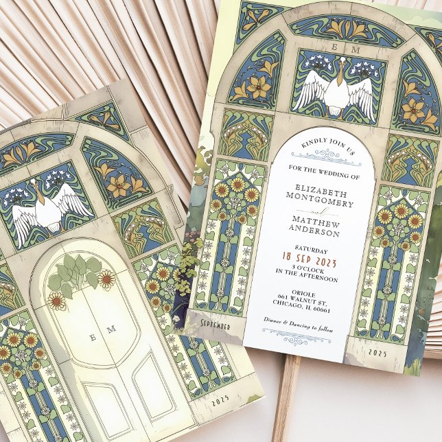 Art nouveau Bröllop Blue, Guld, Grönt Arch Inbjudningar (Skapare uppladdad)