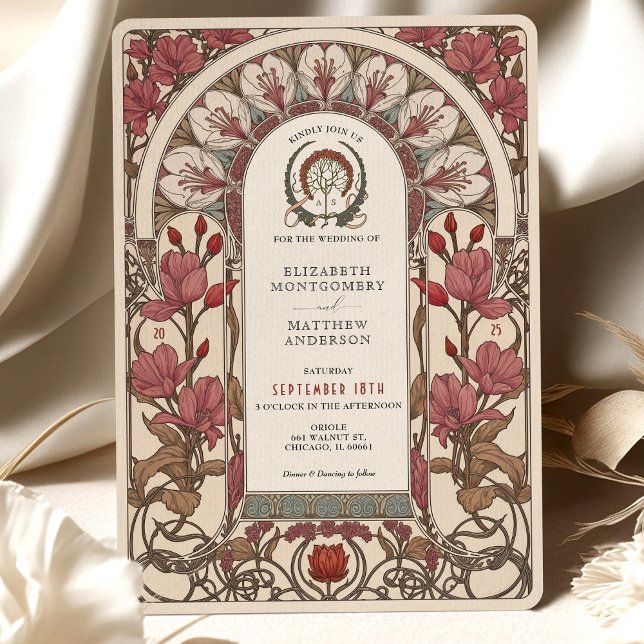 Art nouveau Bröllop Burgundy och Elfenbenskustens  Inbjudningar (Skapare uppladdad)