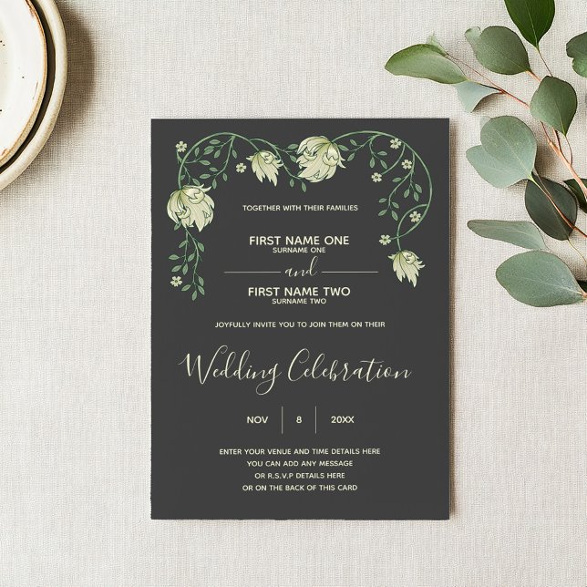 Art nouveau bröllop inbjudan (Art nouveau wedding invitation with green script and vintage style floral top frame)