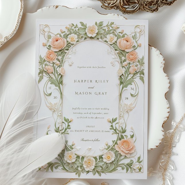 Art nouveau Bröllop med Peach Ranunculus Inbjudningar (Skapare uppladdad)