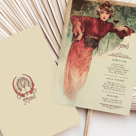 Art nouveau Bröllop Menu Vintage Dam Röd guldgla Inbjudningar