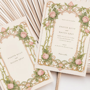 Art nouveau Bröllop Rosa ros och Grekland Inbjudningar
