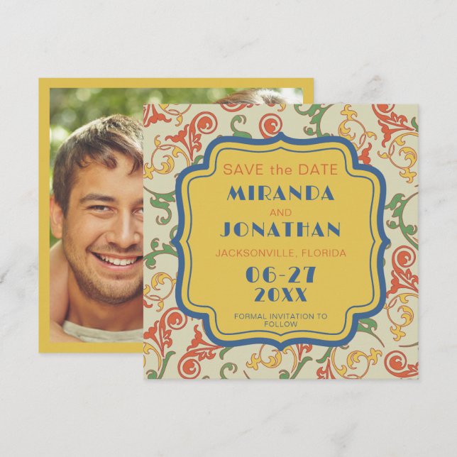 Art nouveau Bröllop spara datum-kort Inbjudningar (Fram/baksida)