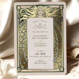 Art Nouveau bröllopsinbjudan Guld Grön av Mucha